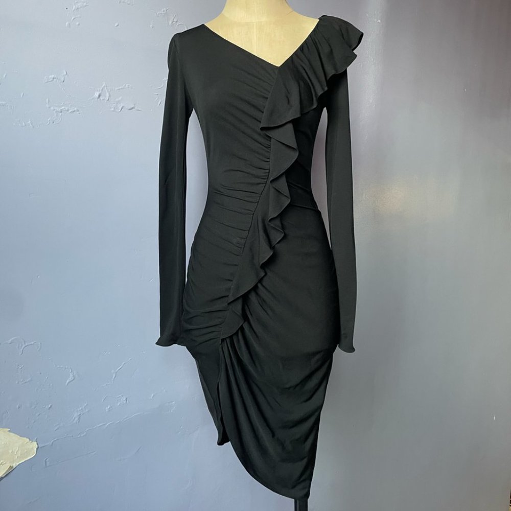 EMANUEL UNGARO silk stretch asymmetrical ruffle shirred cocktail dress LBD